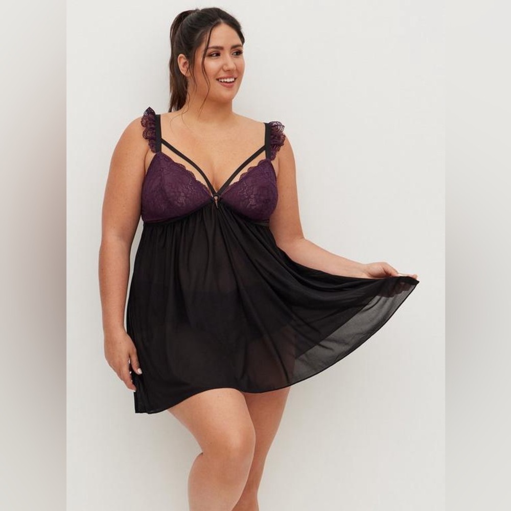 Torrid Curve Mesh Cap Sleeve Strappy Babydoll in Purple/Black Size 2X